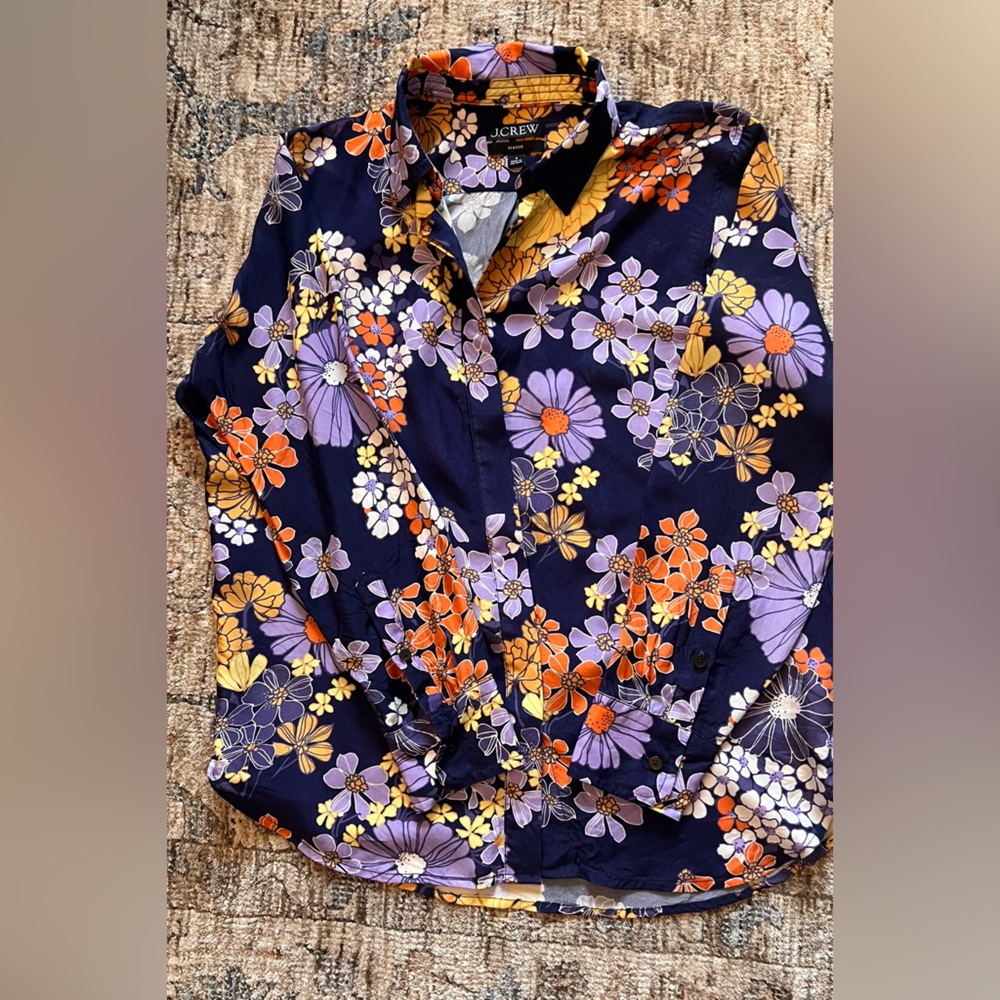 J.Crew Classic Navy Floral Button Down Blouse Size 8 Purple Orange